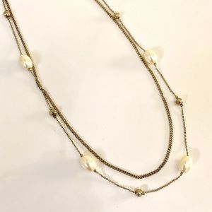 Double strand faux gold and pearl chain necklace